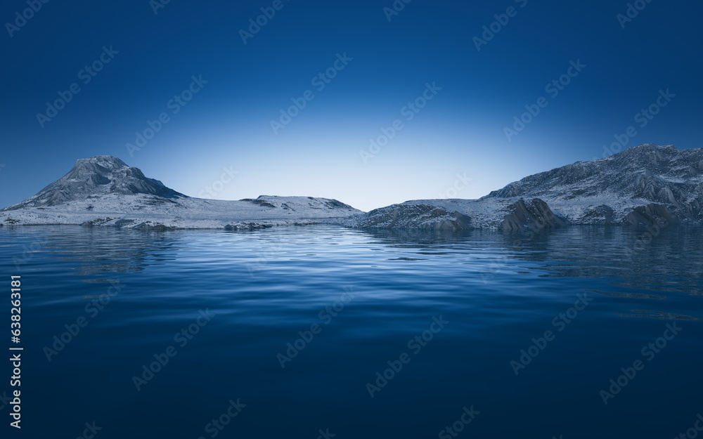 Lake and snow mountains, 3d rendering.