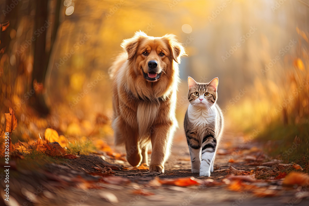Obraz na płótnie Cat and dog walking together in an autumn park w salonie