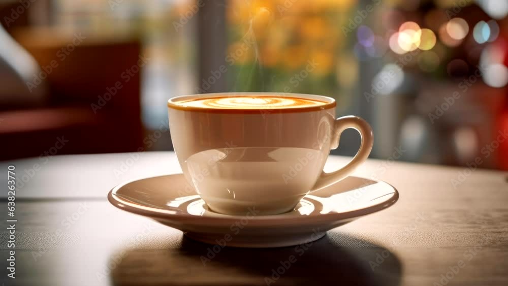 brown cup coffee on saucer with blurred interior home video background brown cup coffee on saucer with blurred interior home video background