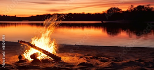 Sizzling sunsets. Beachside campfires ignite night. Nature nightlights. Campfire by beach at sunset. Bonfire serenity. Embracing warmth of summer evenings