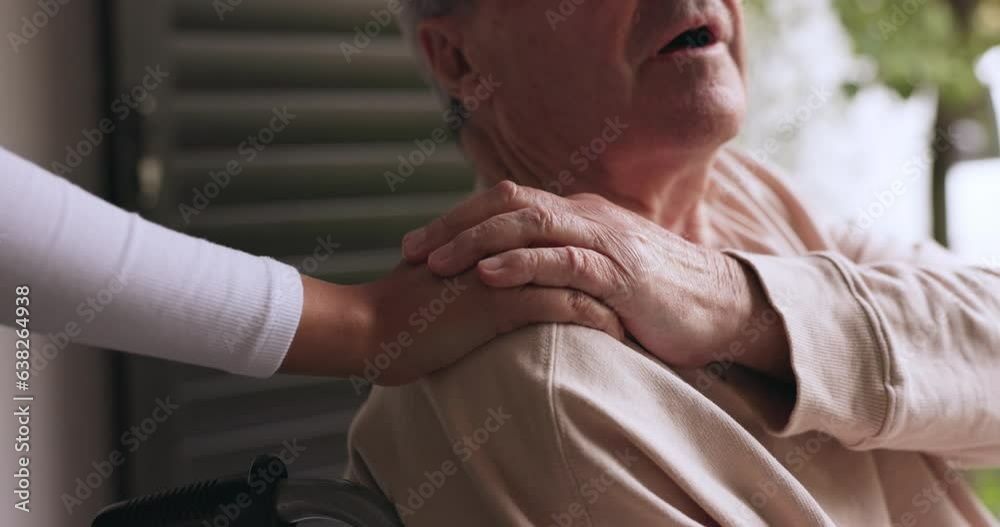 Old man in wheelchair, caregiver or holding hands for hope or support in healthcare or nursing home. Closeup, trust or nurse with senior patient or elderly person with a disability with kindness