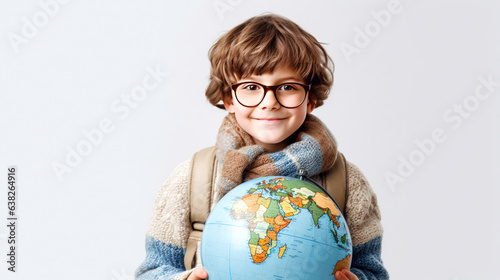 Little boy with backpack and globus looking at camera on white background. Back to school. Generative Ai.