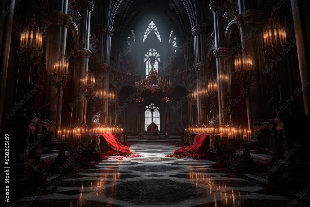 Gothic and regal scene set in an opulent vampire court. A grand hall with towering pillars and intricate architecture serves as the backdrop
