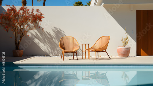Modern home with swimming pool or Luxury private pool villa outdoor design with beach chairs, Palm Springs.