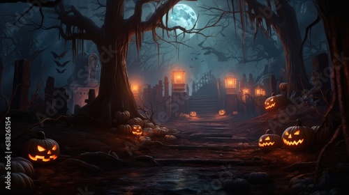 Halloween - Pumpkins In Spooky Forest With Tombs At Night - Abstract Backdrop Background