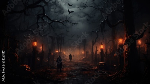 Halloween - Pumpkins In Spooky Forest With Tombs At Night - Abstract Backdrop Background