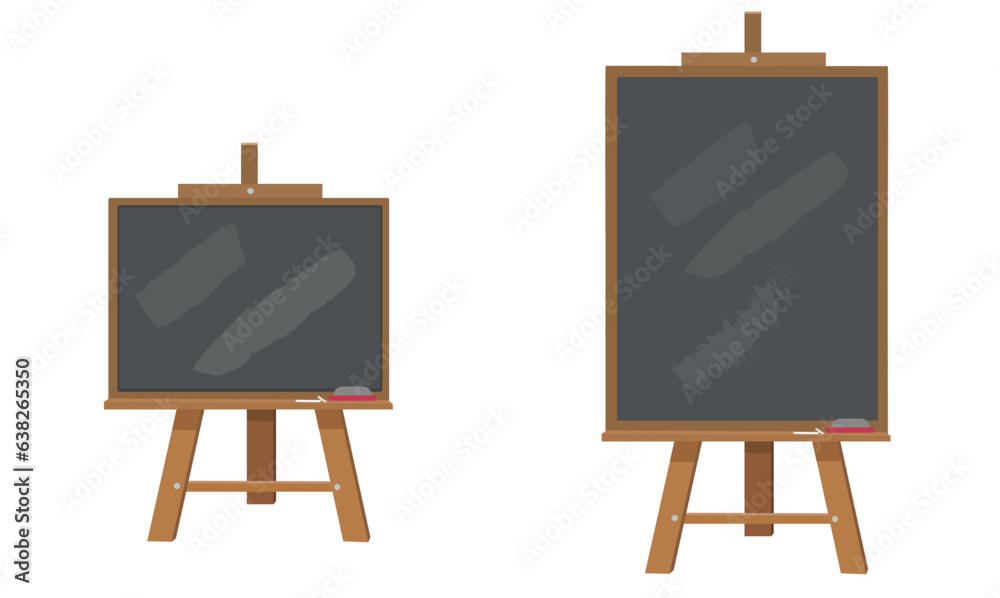 Chalkboard or blackboard with wooden easel stand vector illustration set. Black board used in classroom or restaurant, cafe house. Back to school concept. Chalkboard or blackboard with wooden easel stand vector illustration set. Black board used in classroom or restaurant, cafe house. Back to school concept.