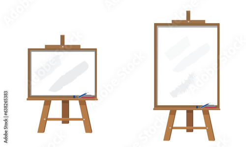 Chalkboard or blackboard with wooden easel stand vector illustration set.  Whiteboard used in classroom or restaurant, cafe house. Back to school concept.