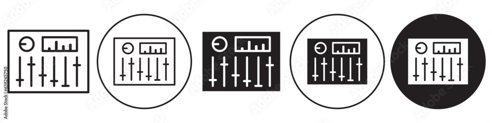 Sound mixer icon. Vector symbol of music sound system channel controller or regulator of equalizer panel with knob. Set collection of audio board console use by dj studio. Flat outline of fader slider Sound mixer icon. Vector symbol of music sound system channel controller or regulator of equalizer panel with knob. Set collection of audio board console use by dj studio. Flat outline of fader slider