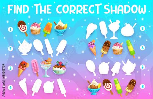 Find correct shadow of cartoon ice cream chocolate stick and vanilla cone, sundae and fruit juice ice pop, vector puzzle game. Shadow match worksheet with frozen sweet ice cream scoops in wafer cones