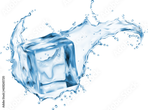 Swirl water splash, ice cube and little drops, vector 3d cold drink or cocktail. Realistic fresh water wave with transparent blue ice crystal, frozen block or cube, icy liquid with ripples and bubbles