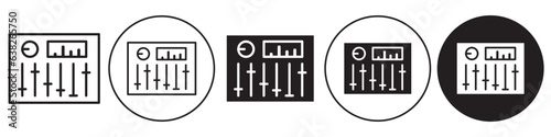 Sound mixer icon. Vector symbol of music sound system channel controller or regulator of equalizer panel with knob. Set collection of audio board console use by dj studio. Flat outline of fader slider