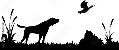 Hunting icon, hunt dog and duck silhouettes for open season and hunter club vector badge. Hunters club emblem for wild animals hunting season with dog on reeds field and duck for prey game