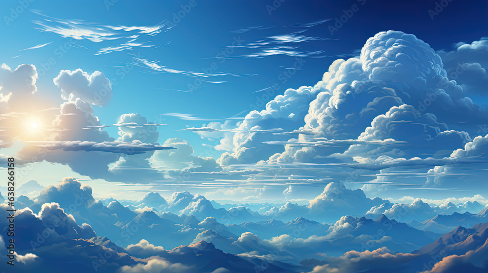 Blue Cloudy Background Blue Sky with White Fluffy Clouds and Sun AI Generative
