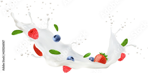 Realistic white milk drink or yogurt splash and berries of strawberries  blueberries and raspberries. Vector 3d fruit cream dessert food  milk shake or cocktail drink wave with berries and mint leaves
