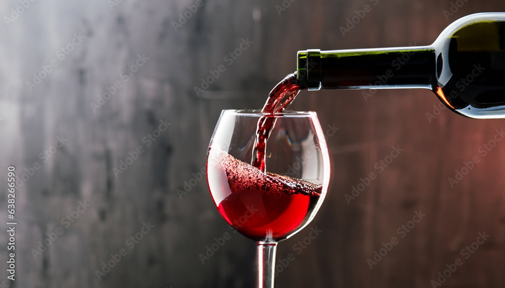 Fototapeta premium Red wine bottle pouring wine in a glass on a dark bar background, copy space
