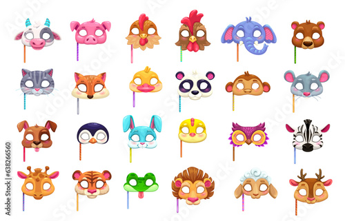 Cartoon carnival party animal masks. Vector cow, pig, chicken and rooster. Elephant, bear, cat and fox with duck or panda. Monkey, mouse, dog and penguin with rabbit or chick. Owl, zebra, giraffe