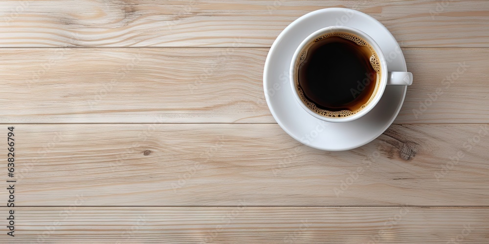 Cozy mornings with steaming cup of coffee. Wooden table set for breakfast delights. Rich aromas. Perfectly poured of espresso Cozy mornings with steaming cup of coffee. Wooden table set for breakfast delights. Rich aromas. Perfectly poured of espresso