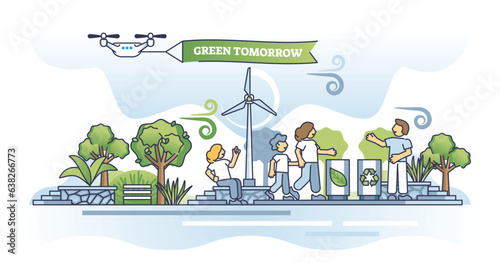 Environmental awareness and sustainability for green tomorrow outline concept. Ecological care with recyclable waste management and nature friendly or clean power consumption vector illustration.