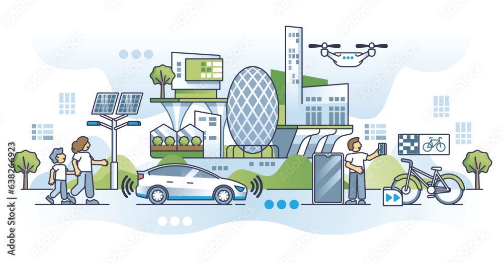 Smart cities and IoT technology for modern urban environment outline concept. Green and sustainable infrastructure with 5g network connection vector illustration. Ecological future with EV usage.