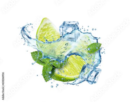 Mojito drink splash, lime, ice cubes and mint leaves. 3d vector swirl with citrus fruit slice, water drops and frozen blocks captured mid-air in motion. Realistic liquid flow, tea, refreshing beverage photo