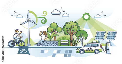 Future of green energy with recyclable clean power usage outline concept. Electrical vehicle charging station in urban environment as nature friendly solution for transportation vector illustration.