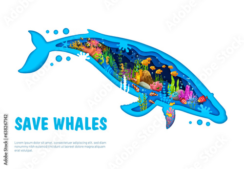 Save sea whales banner, paper cut whale silhouette with underwater landscape, vector eco poster. Undersea environment and sealife ecosystem protection poster to save sea whales in papercut layers