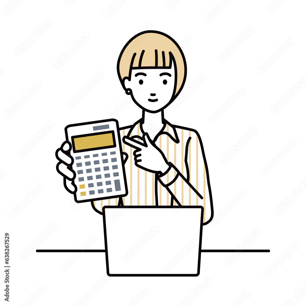 a woman in shirt work style recommending, proposing, showing estimates and pointing a calculator with a smile in front of laptop pc a woman in shirt work style recommending, proposing, showing estimates and pointing a calculator with a smile in front of laptop pc