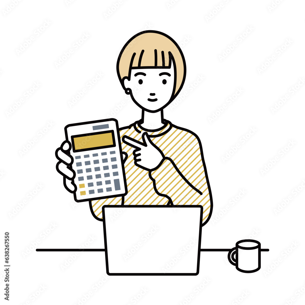 a woman in casual style recommending, proposing, showing and pointing a calculator with a smile in front of laptop pc