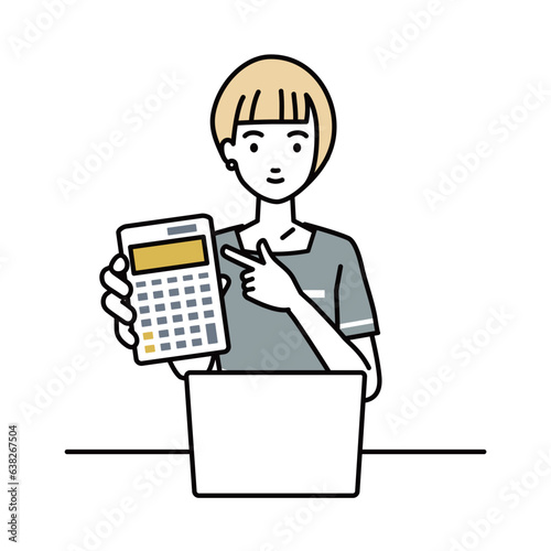 an esthetician, receptionist woman recommending, proposing, showing estimates and pointing a calculator with a smile in front of laptop pc