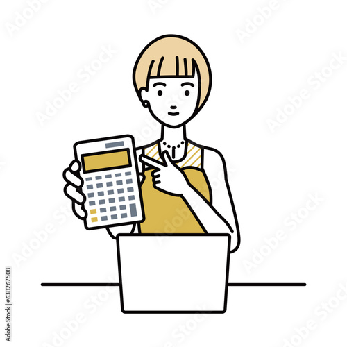 a woman in dress recommending, proposing, showing estimates and pointing a calculator with a smile in front of laptop pc