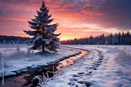 Winter snowy landscape landscape with beautiful sky at twilight in fir tree forest covered with snow. Winter season concept for nature and landscape. © cwa