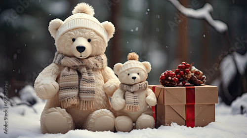 Happy bear snowman wiht gift box Christmas  on the snow Generative AI © Phimchanok