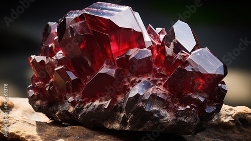 A photograph showcasing a raw and unprocessed chunk of garnet, displaying its deep red color and natural crystal formations photo