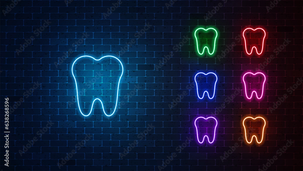 Tooth neon icon set. Glowing dentist sign. Vector illustration Tooth neon icon set. Glowing dentist sign. Vector illustration