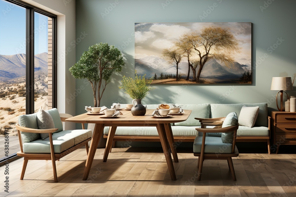 Obraz premium Modern Scandinavian interior of the living room with dining room with wooden table with sofa in the corner comfortable atmosphere with sunlight from the window.