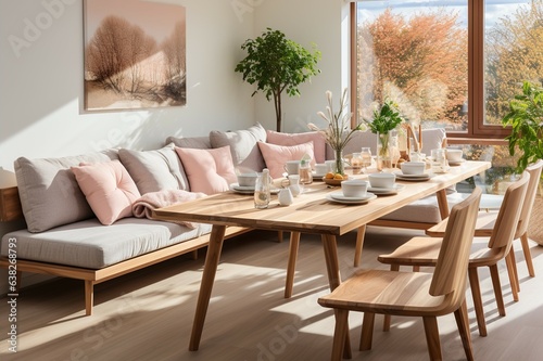 Modern Scandinavian interior of the living room with dining room with wooden table with sofa in the corner comfortable atmosphere with sunlight from the window.