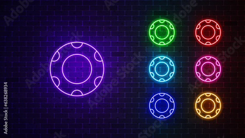 Casino chips neon icon set. glowing poker chip sign. Vector illustration
