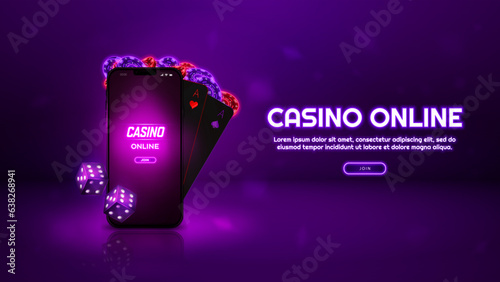 Online casino purple banner with smartphone, poker chips and playing cards. Vector illustration