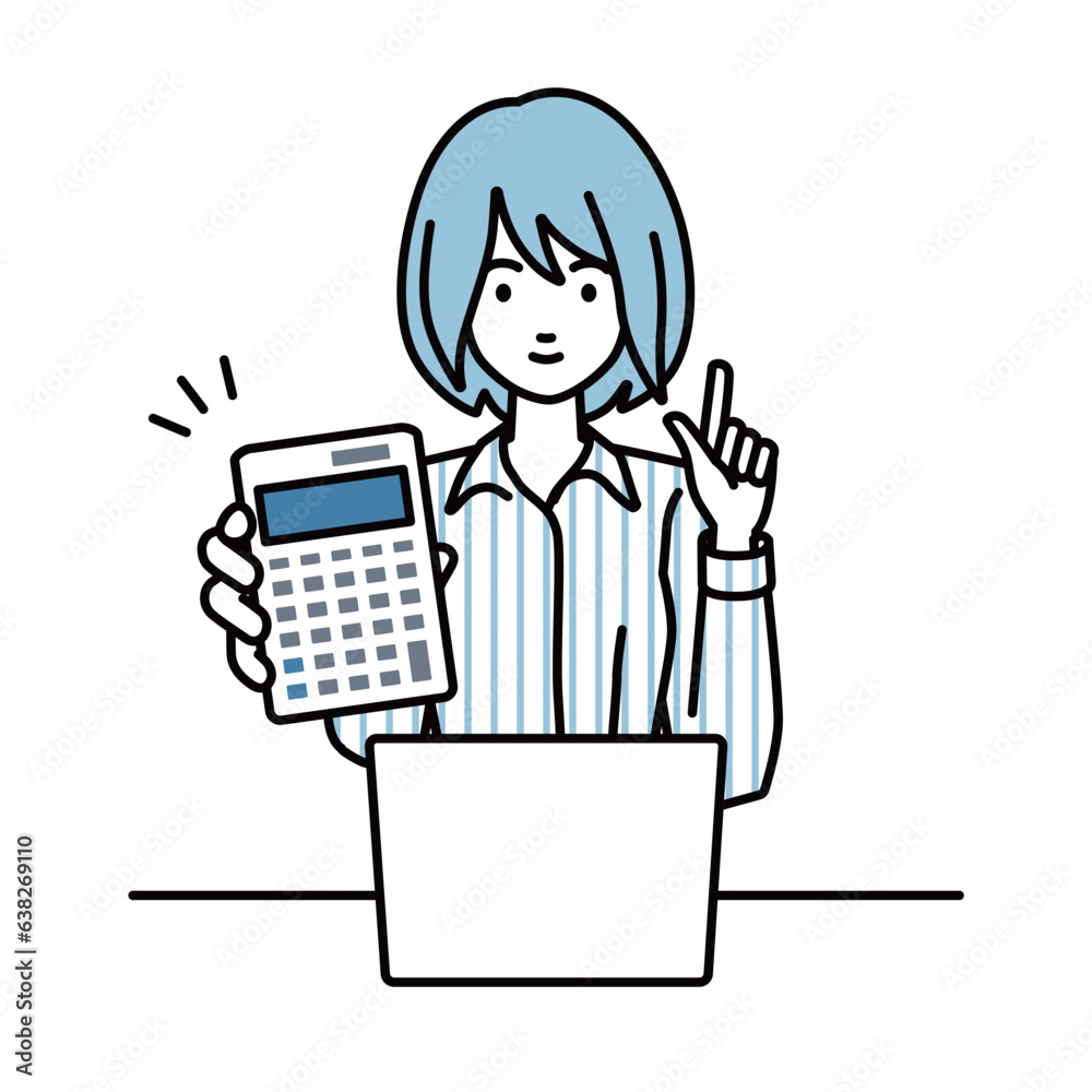 a woman in shirt work style recommending, proposing, showing estimates and pointing a calculator with a smile in front of laptop pc a woman in shirt work style recommending, proposing, showing estimates and pointing a calculator with a smile in front of laptop pc