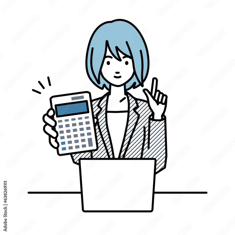 a woman in business suit style recommending, proposing, showing estimates and pointing a calculator with a smile in front of laptop pc a woman in business suit style recommending, proposing, showing estimates and pointing a calculator with a smile in front of laptop pc