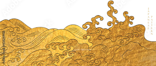 Japanese background with hand drawn wave line vector. Gold texture in vintage style. Presentation template design, poster, flyer, website backgrounds, banner or advertising in traditonal style. photo