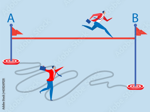 Shortcut To Success concept Businessman holding pen in hand leads a drawing line from point A to point B for Easy or shortcut way to win business success  achievement of goals,Simple Solution  photo