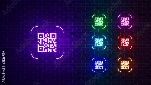 Neon QR code sign. Glowing scan QR Code icon set. Vector illustration