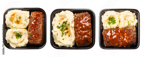 A group of four trays of meat and maso suitable for food packaging designs, restaurant menus, butcher shop promotions, or culinary blog illustrations. generative AI