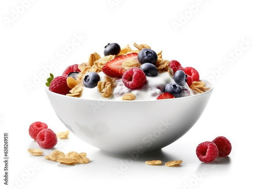 Bowl of cereal with berries and yogurt on a white background
