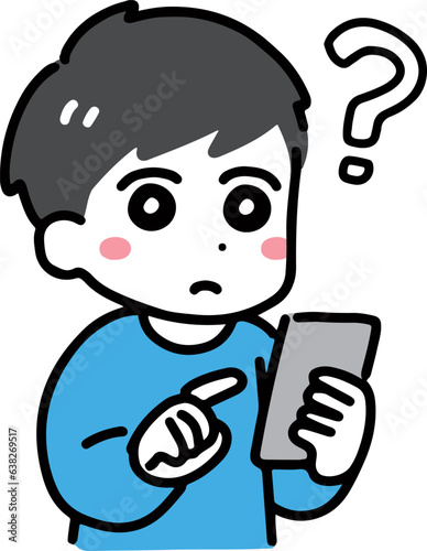 スマホを持って考えている私服の男性
