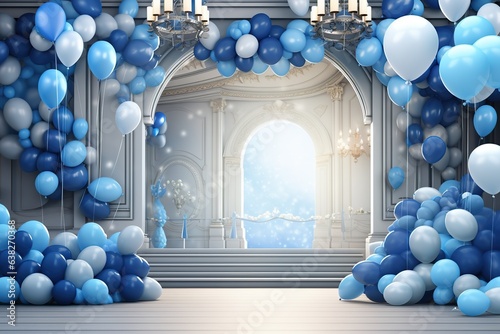 Boys party birthday 3d backdrop, in the style of Blue Boy party - themed elements like blue flags, nice decoraion, festive atmosphere, bright color style balloons, kids style photo