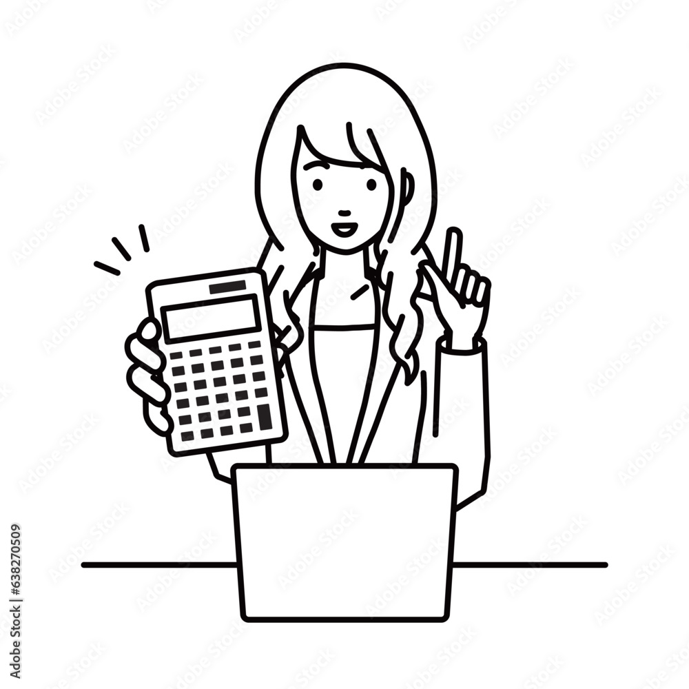 a woman in business suit style recommending, proposing, showing estimates and pointing a calculator with a smile in front of laptop pc a woman in business suit style recommending, proposing, showing estimates and pointing a calculator with a smile in front of laptop pc