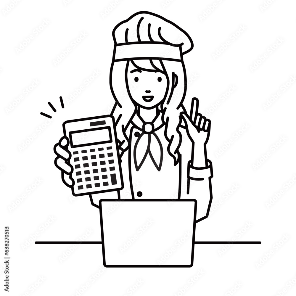 a woman cook recommending, proposing, showing estimates and pointing a calculator with a smile in front of laptop pc a woman cook recommending, proposing, showing estimates and pointing a calculator with a smile in front of laptop pc